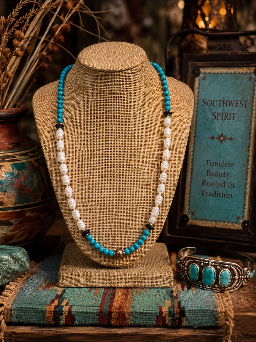 Turquoise, Genuine Pearls, Sterling Silver Necklace